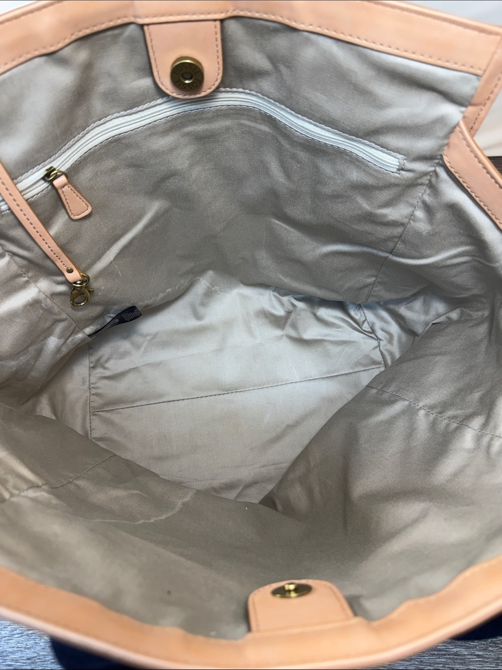 Fossil Striped Canvas Tote with Tan Trim and Navy Handles - Picture 5 of 7
